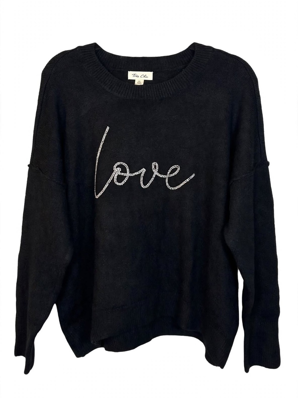 Crewneck Sweater - Black 'Love' Rhinestone Script